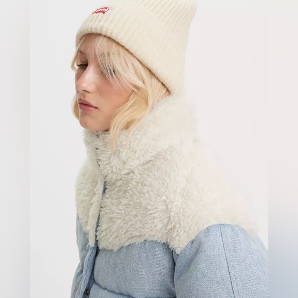 Levi’s Juno Western Down Chambray Sherpa Puffer Crop Light Denim Jacket Sz XS - Picture 4 of 12